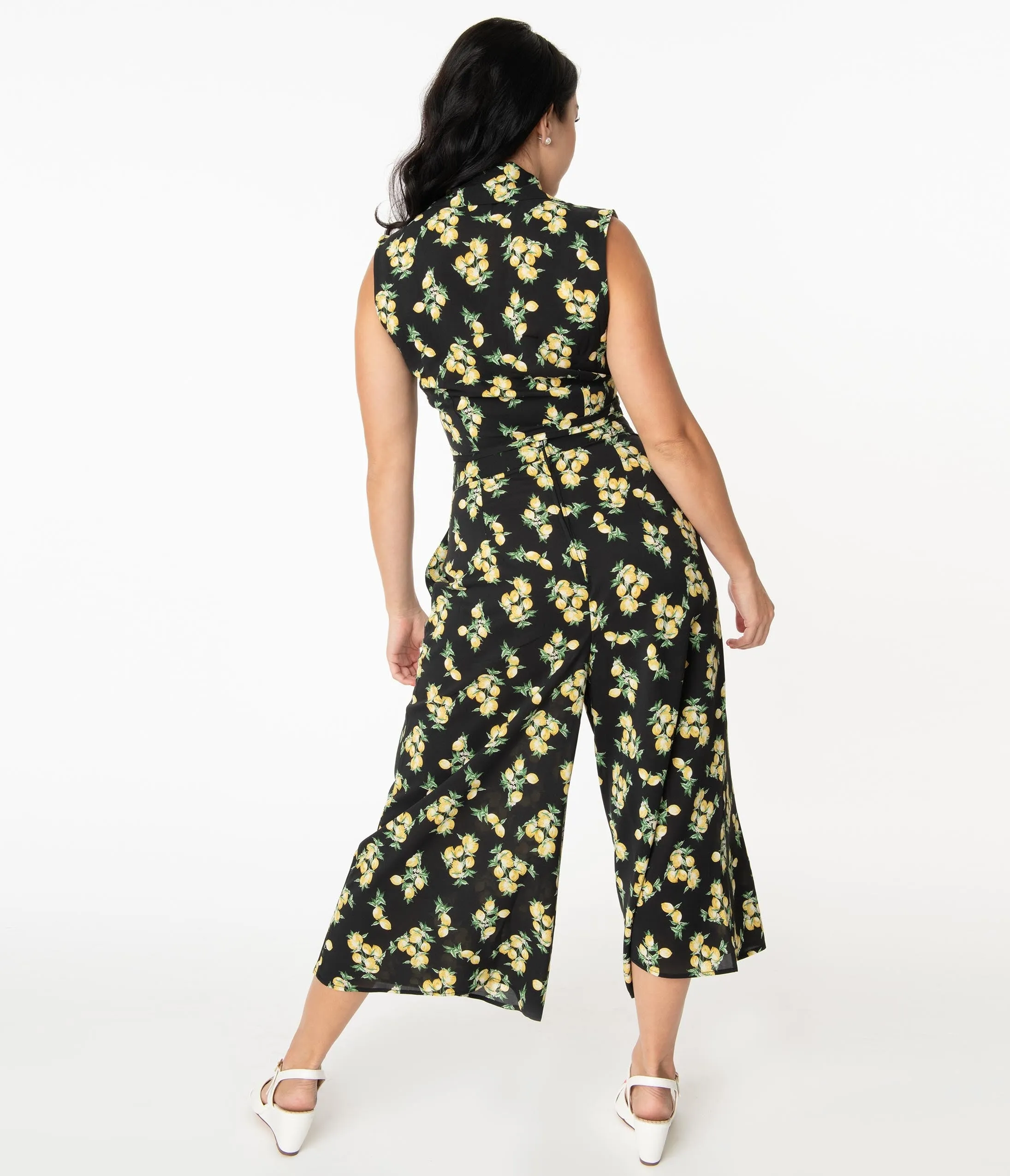 Unique Vintage 1940s Black & Lemon Print Wide Leg Sicily Pants