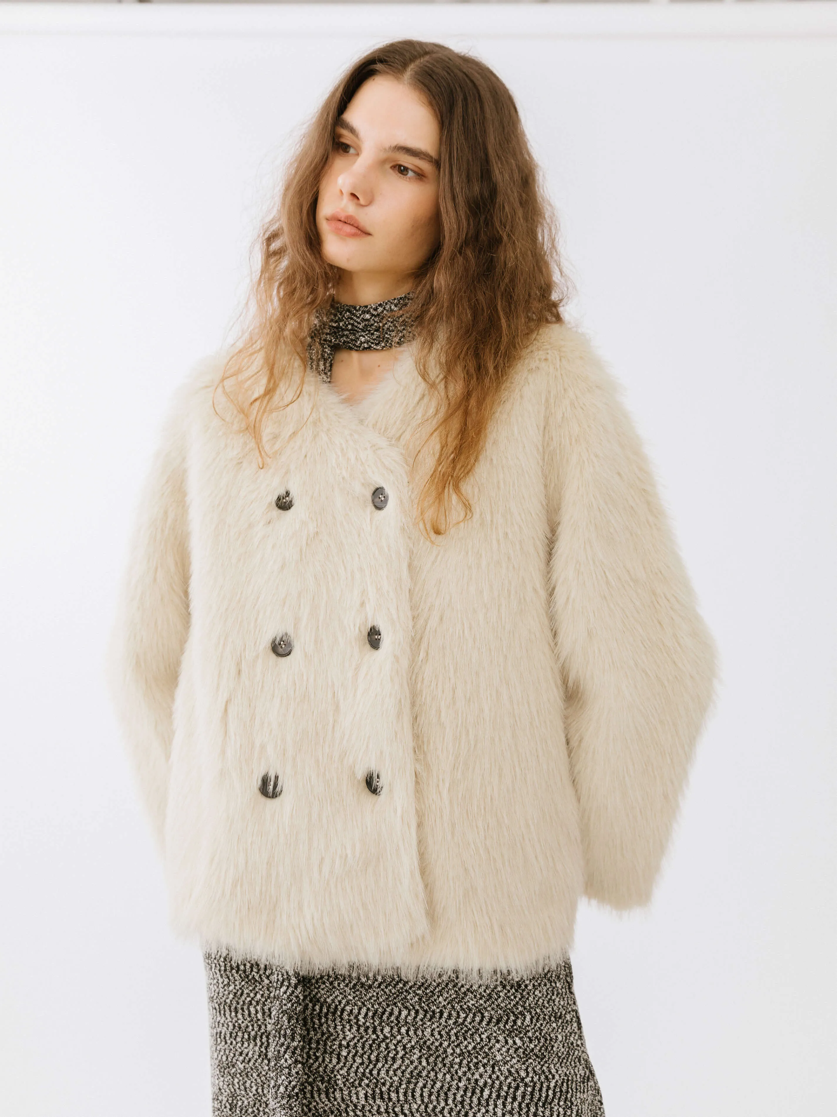 V-Neck Double Breasted Short Furry Coat