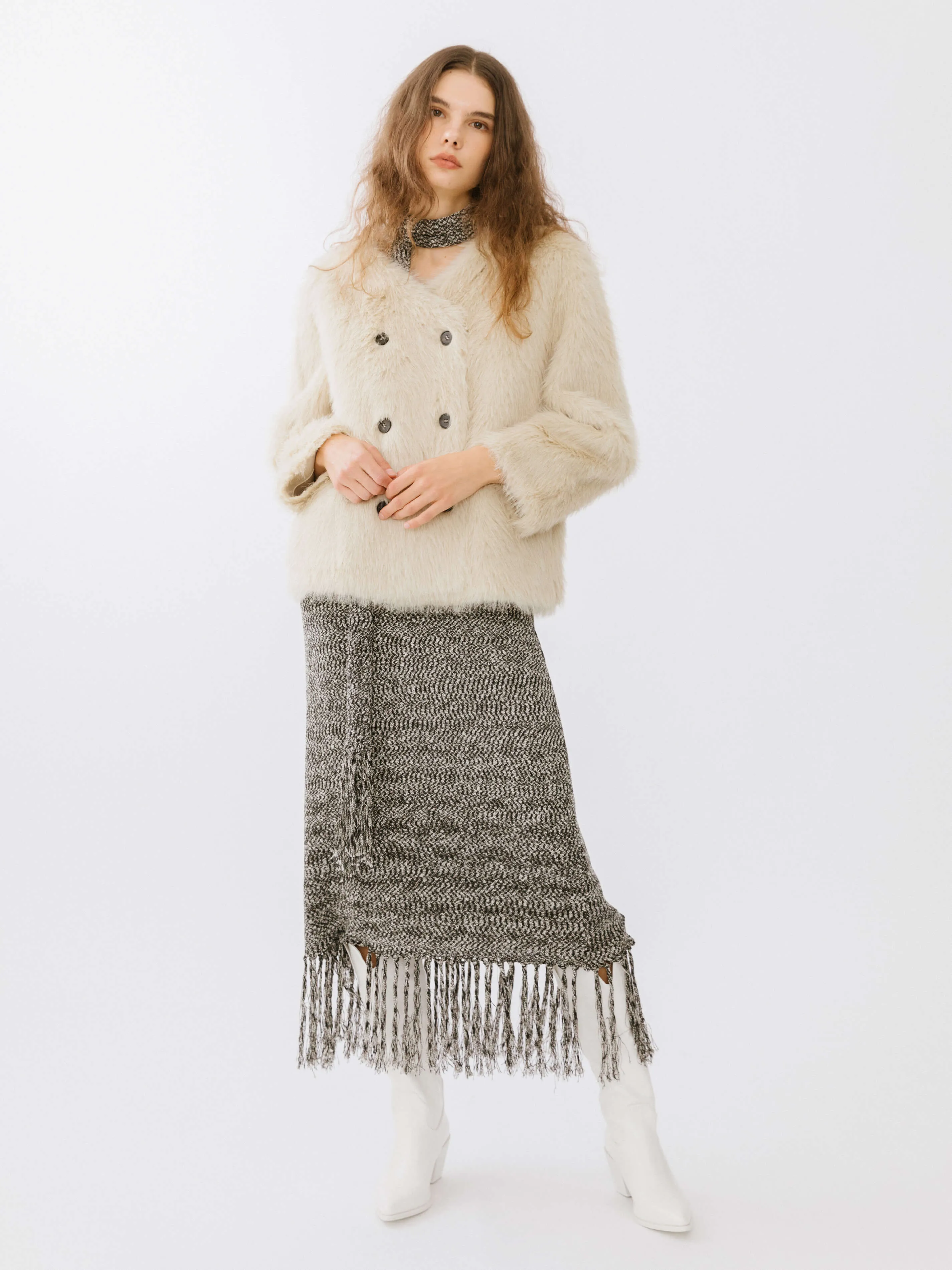 V-Neck Double Breasted Short Furry Coat