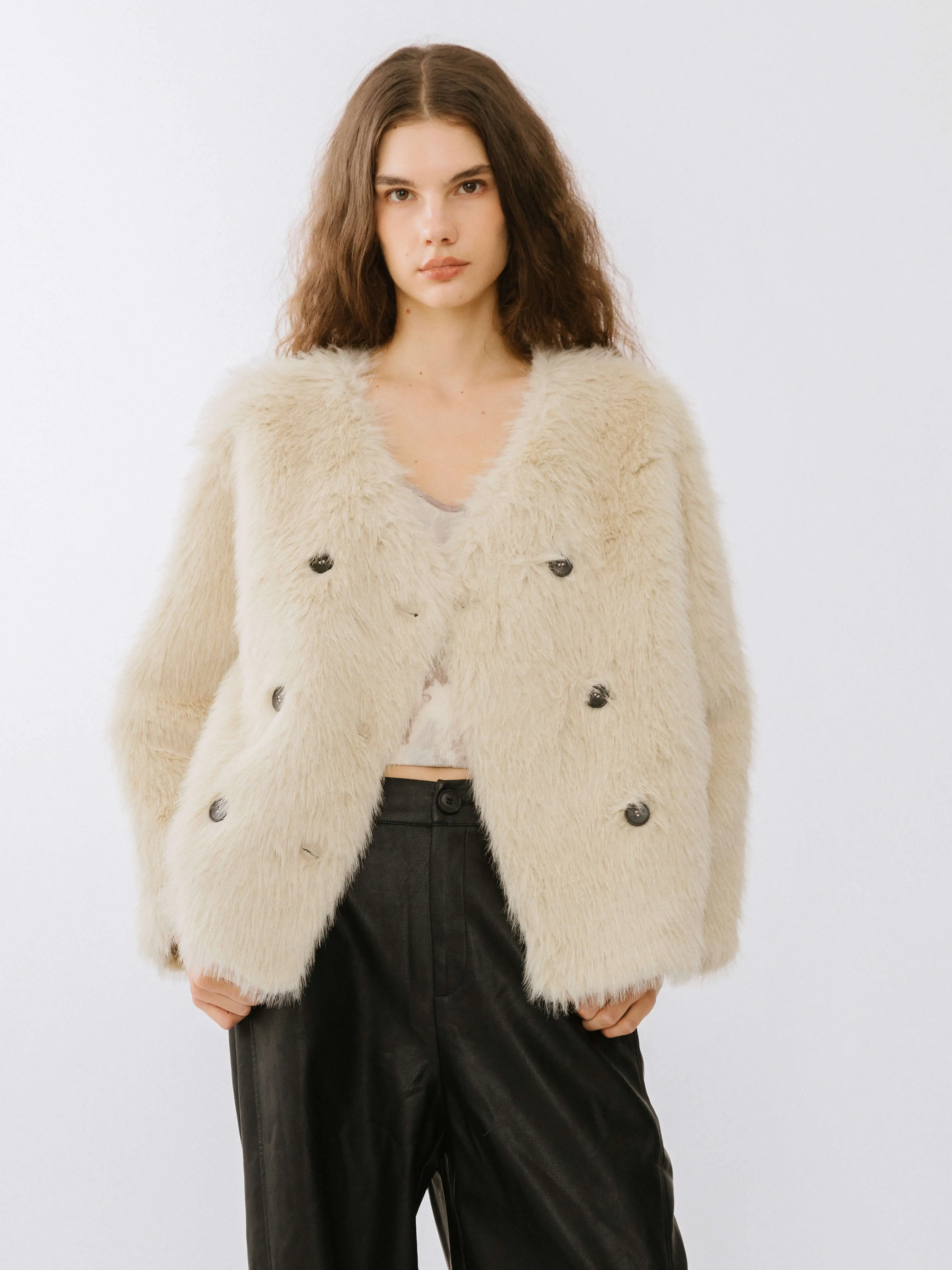 V-Neck Double Breasted Short Furry Coat