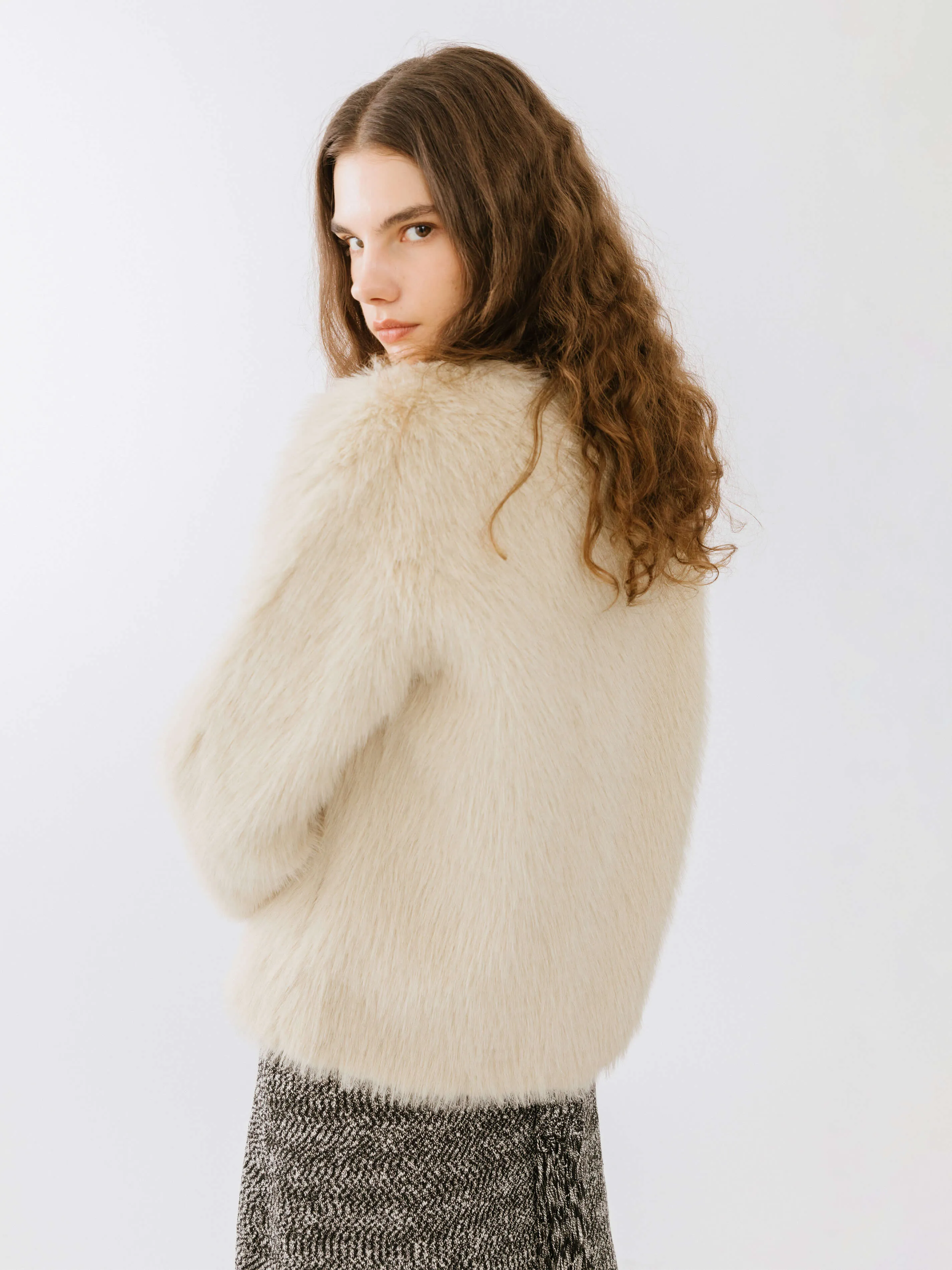 V-Neck Double Breasted Short Furry Coat