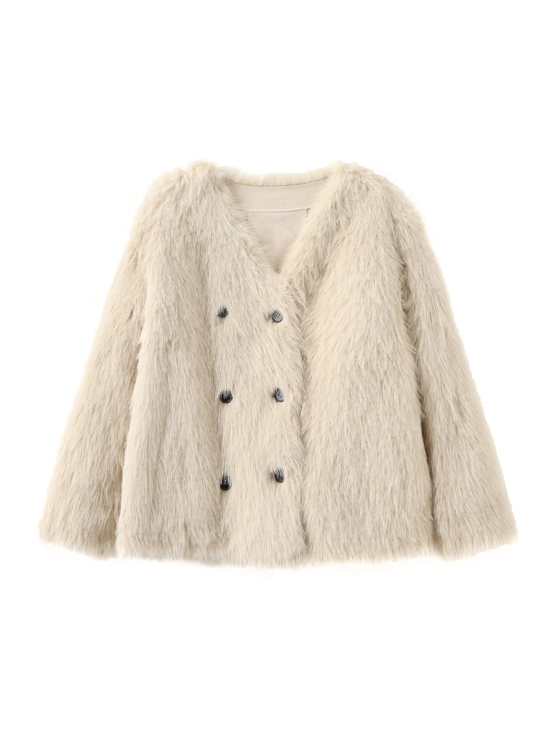 V-Neck Double Breasted Short Furry Coat