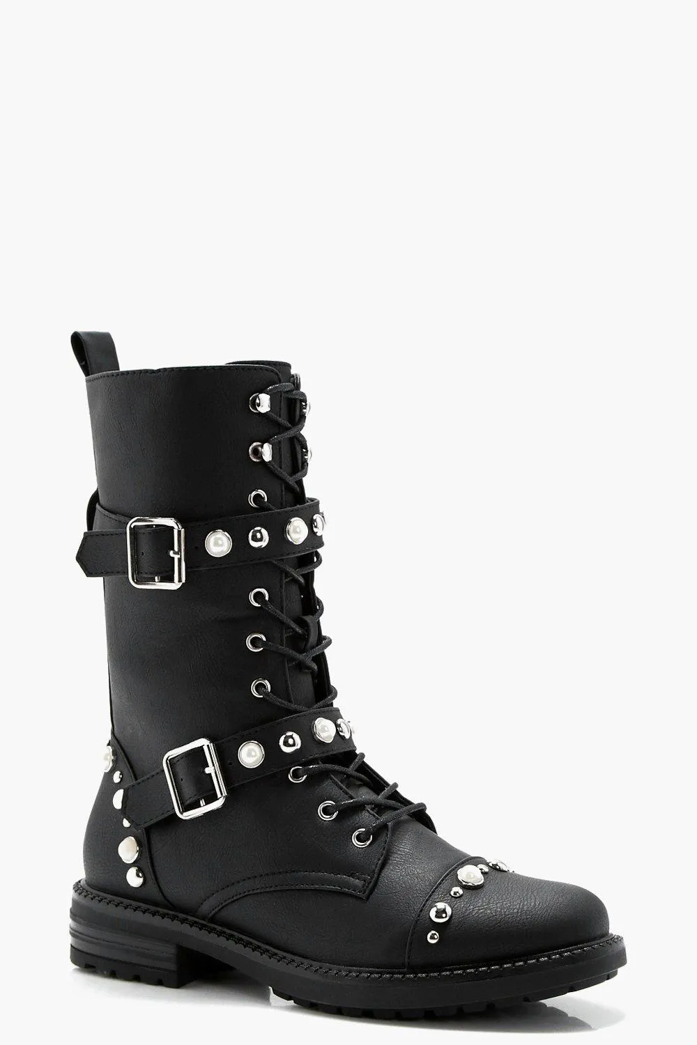 Vickie Stud & Pearl Trim Lace Up Biker Boot