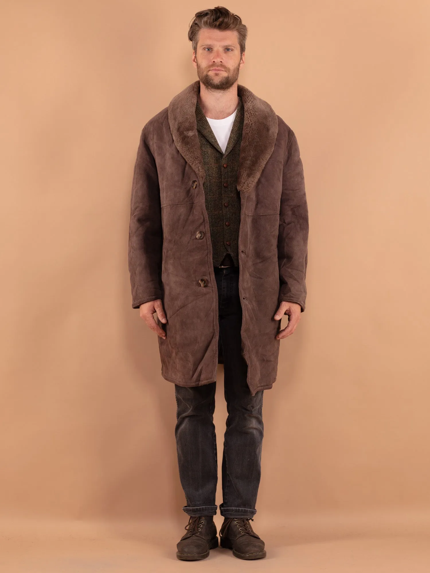 Vintage 70's Men Oversized Sheepskin Coat in Brown