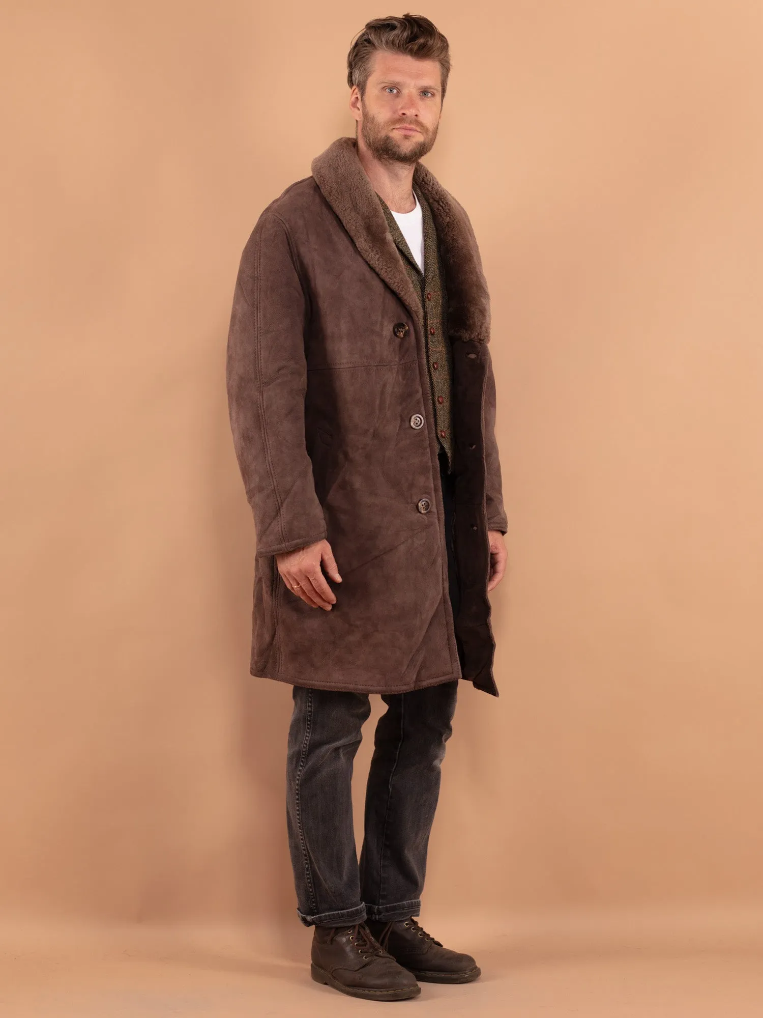 Vintage 70's Men Oversized Sheepskin Coat in Brown