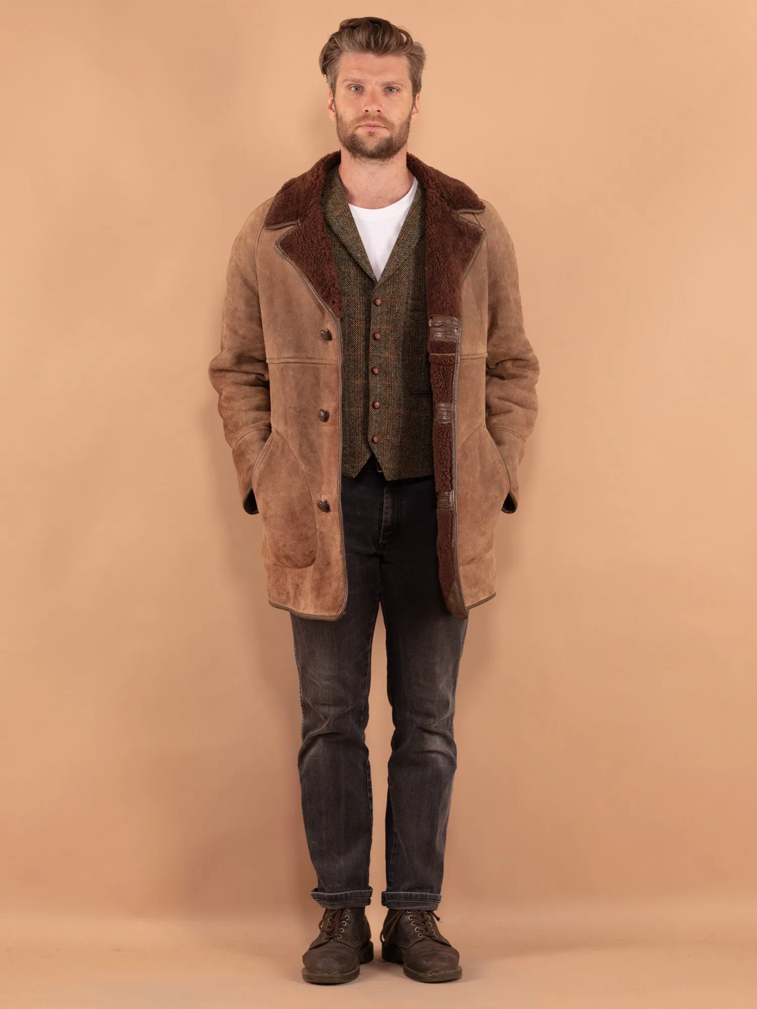 Vintage 70's Men Sheepskin Coat in Beige