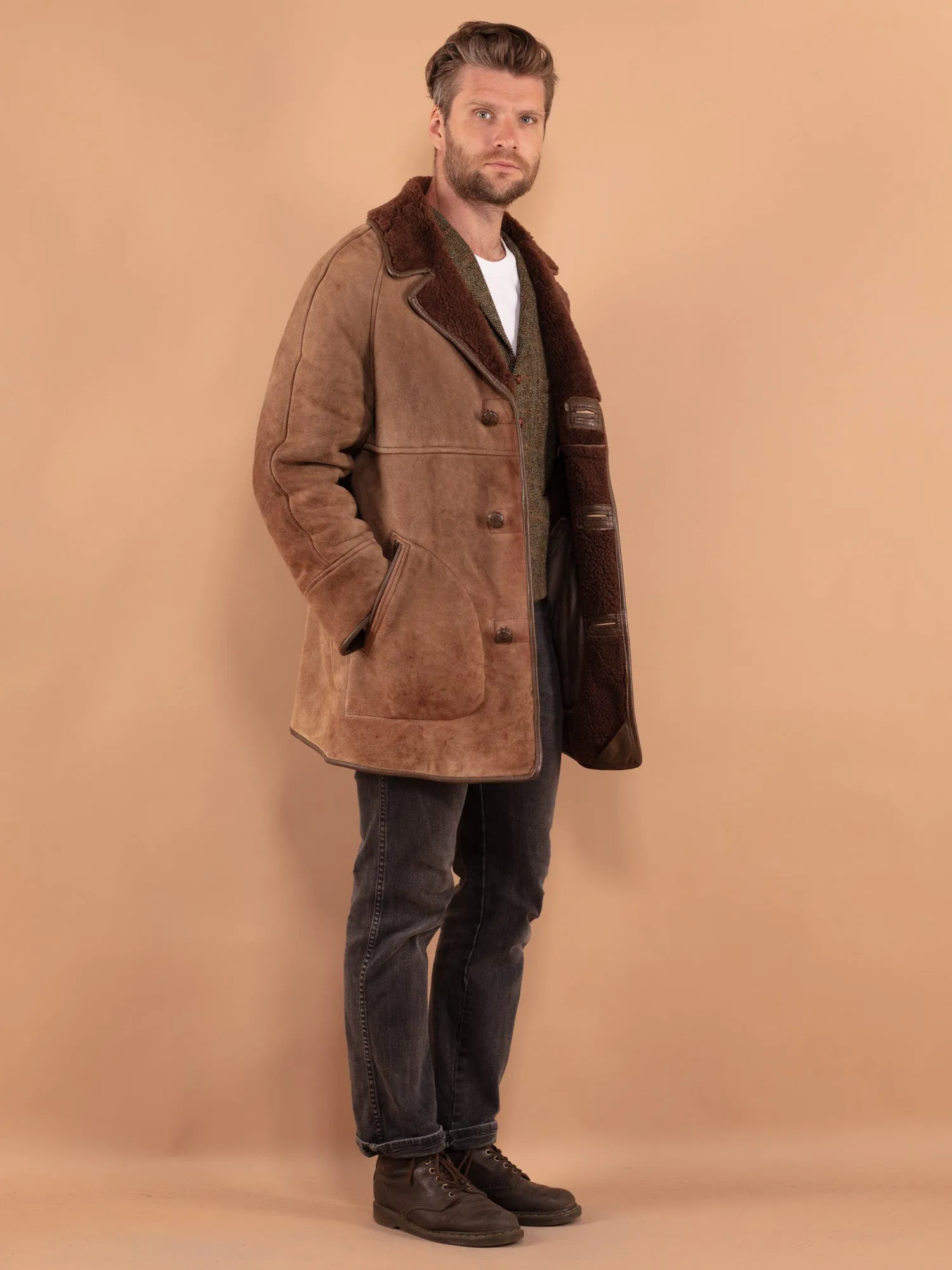 Vintage 70's Men Sheepskin Coat in Beige