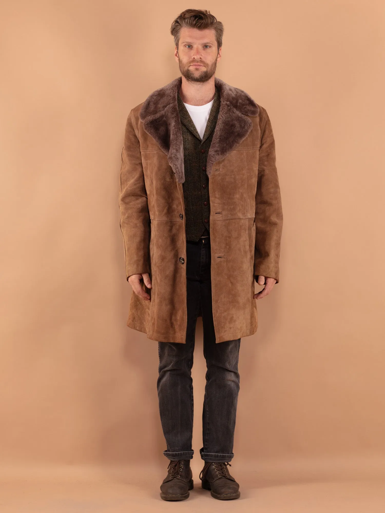 Vintage 70's Men Suede Sherpa Coat in Beige