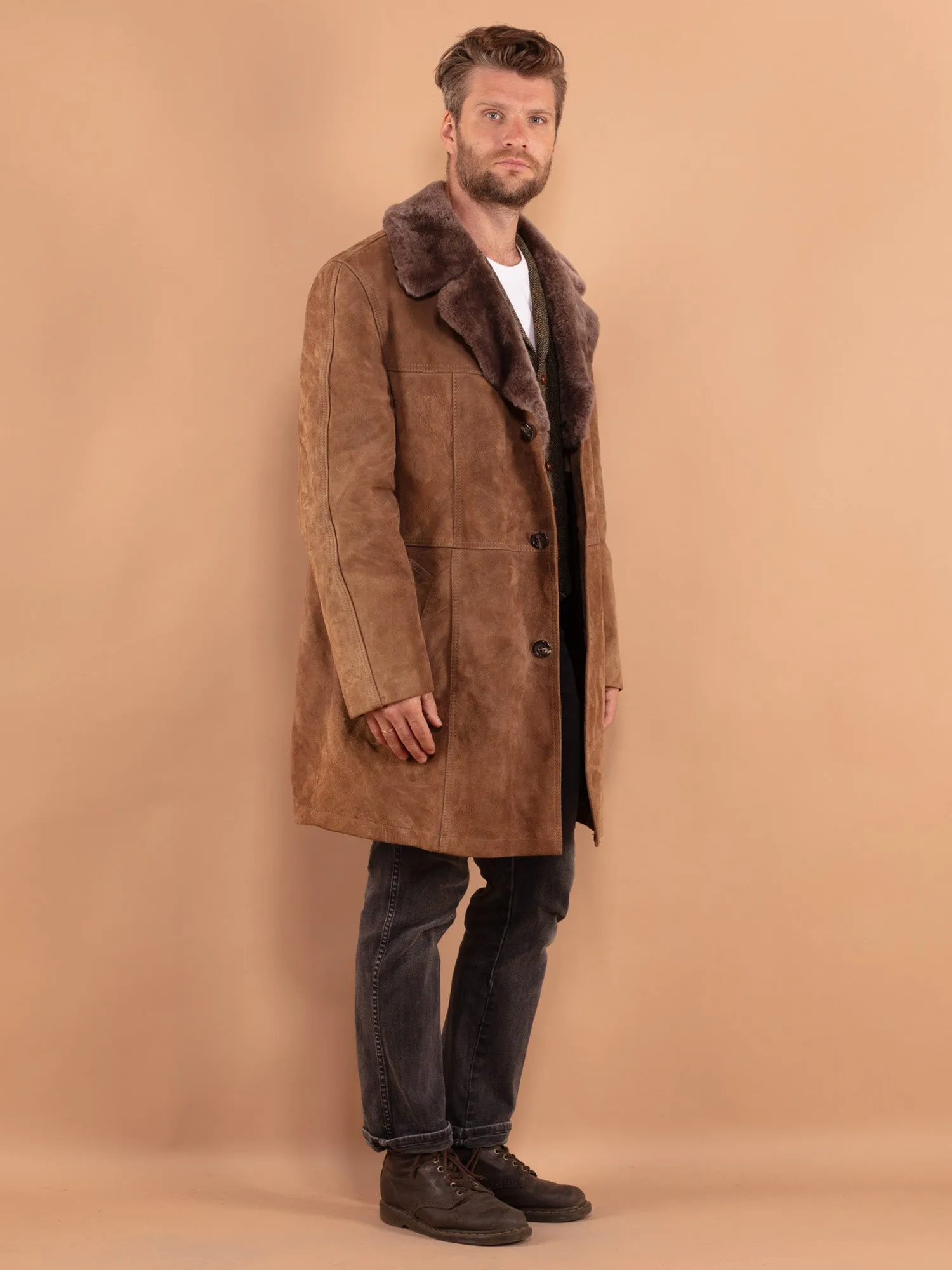 Vintage 70's Men Suede Sherpa Coat in Beige