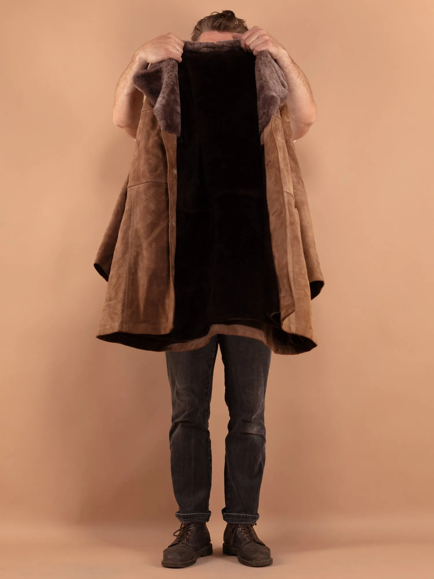 Vintage 70's Men Suede Sherpa Coat in Beige