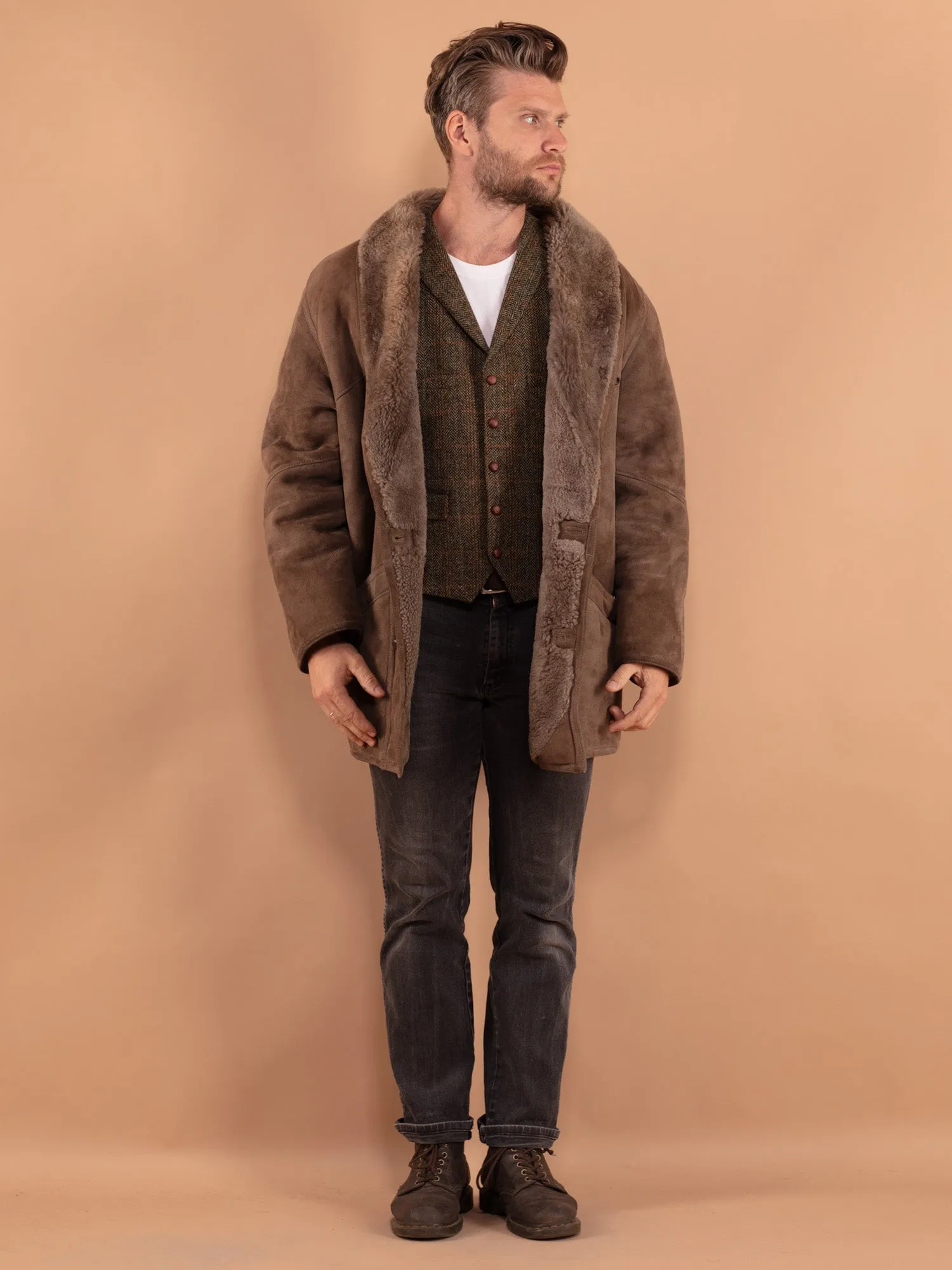 Vintage 80's Men Sheepskin Coat in Beige Brown