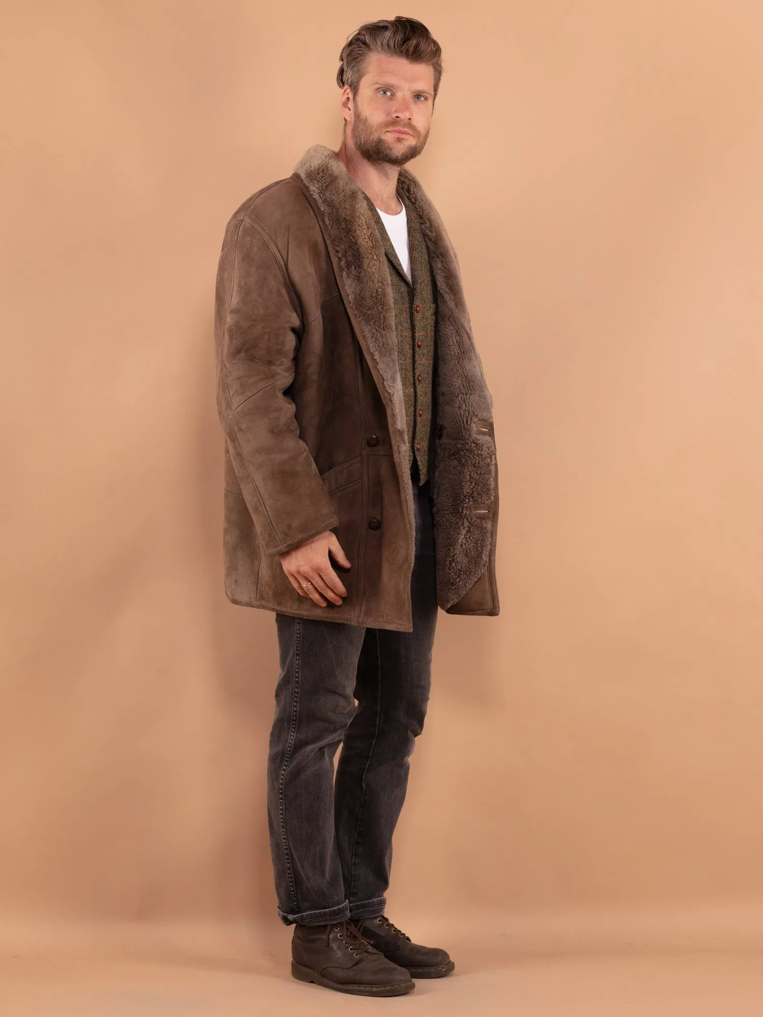 Vintage 80's Men Sheepskin Coat in Beige Brown