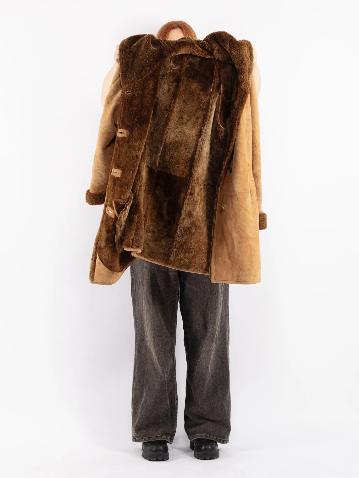 Vintage 80's Women Hooded Sheepskin Coat in Beige