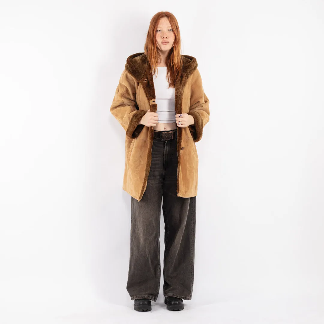 Vintage 80's Women Hooded Sheepskin Coat in Beige