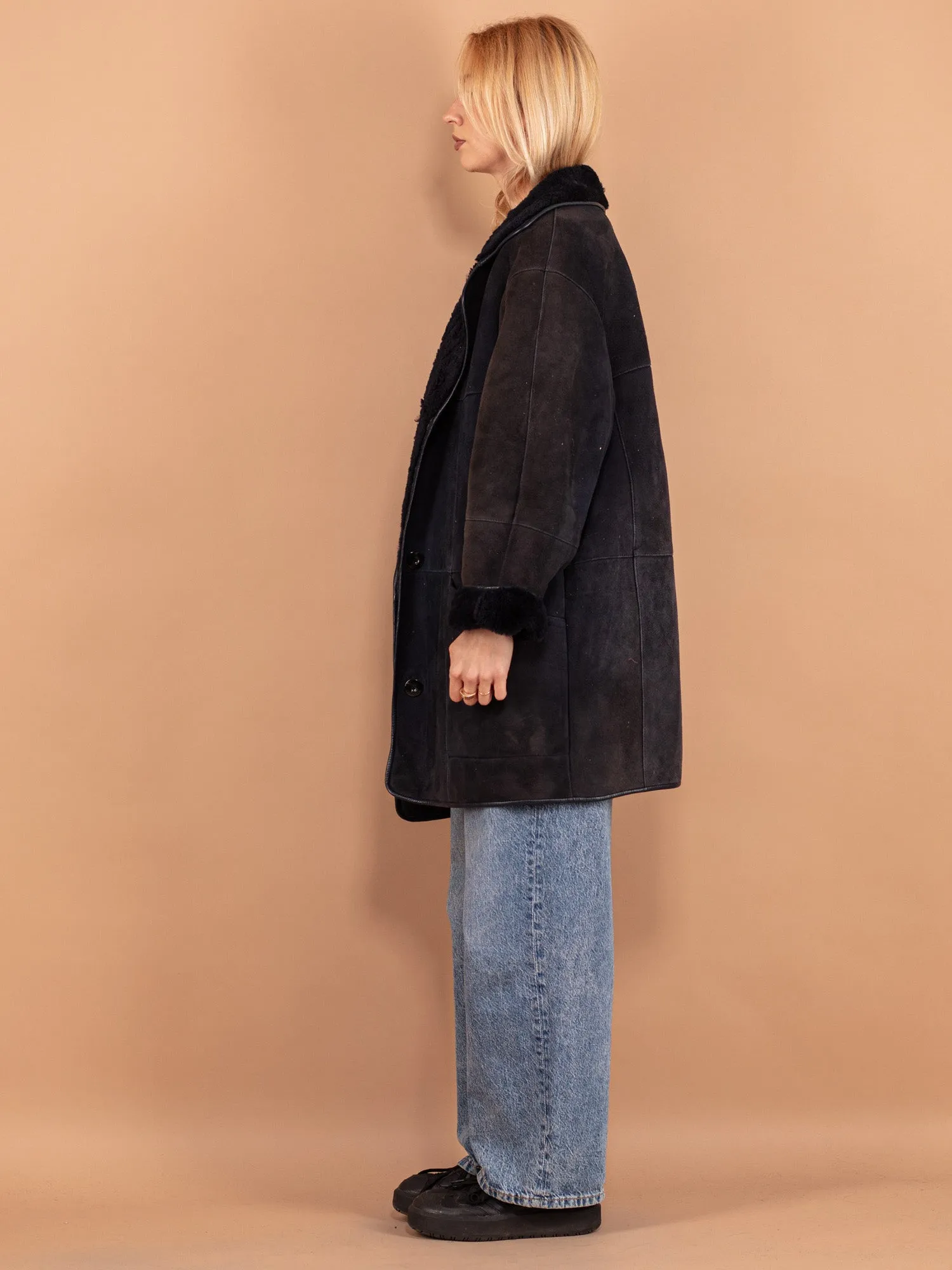 Vintage 80's Women Sheepskin Coat in Blue