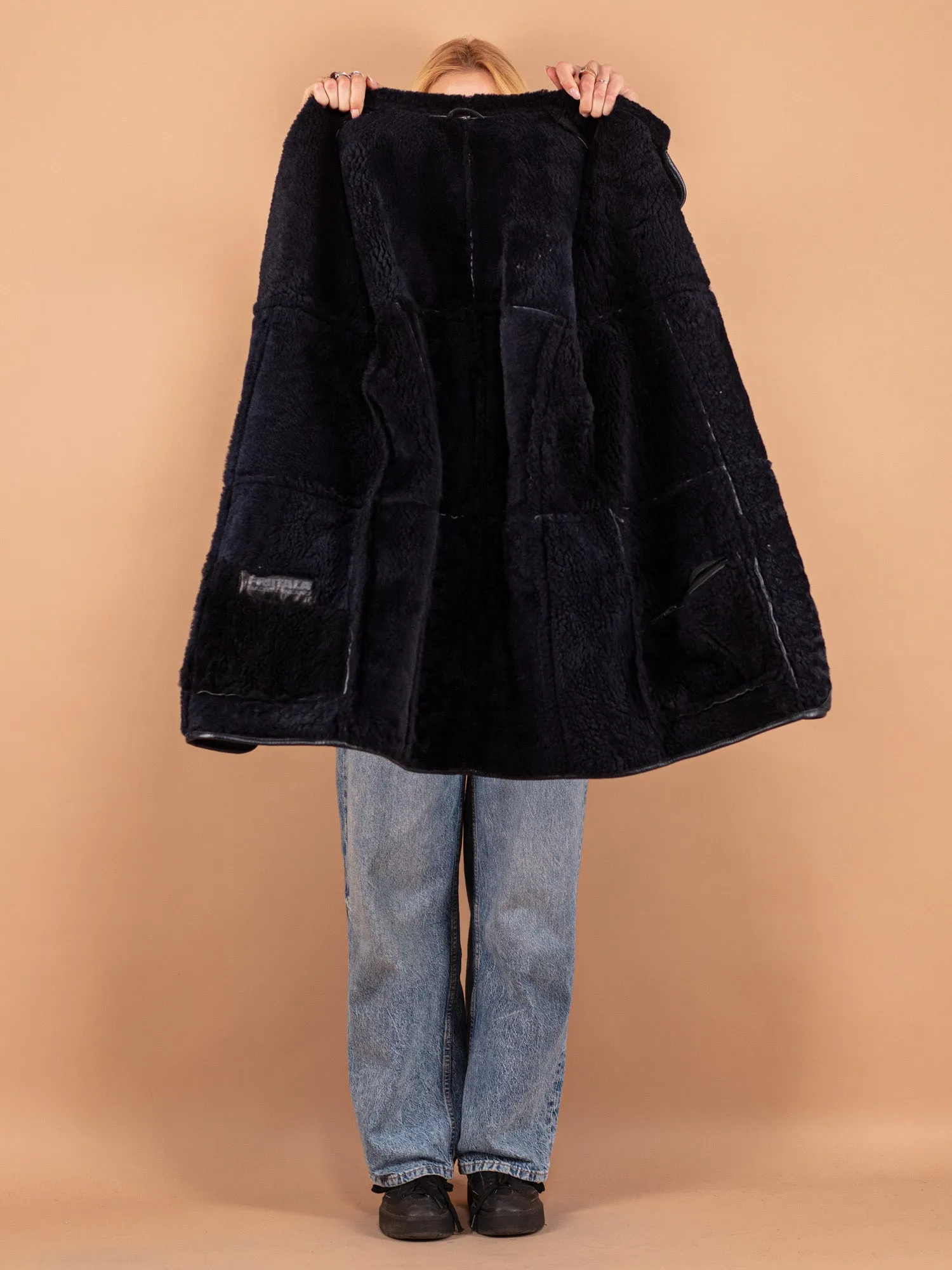 Vintage 80's Women Sheepskin Coat in Blue