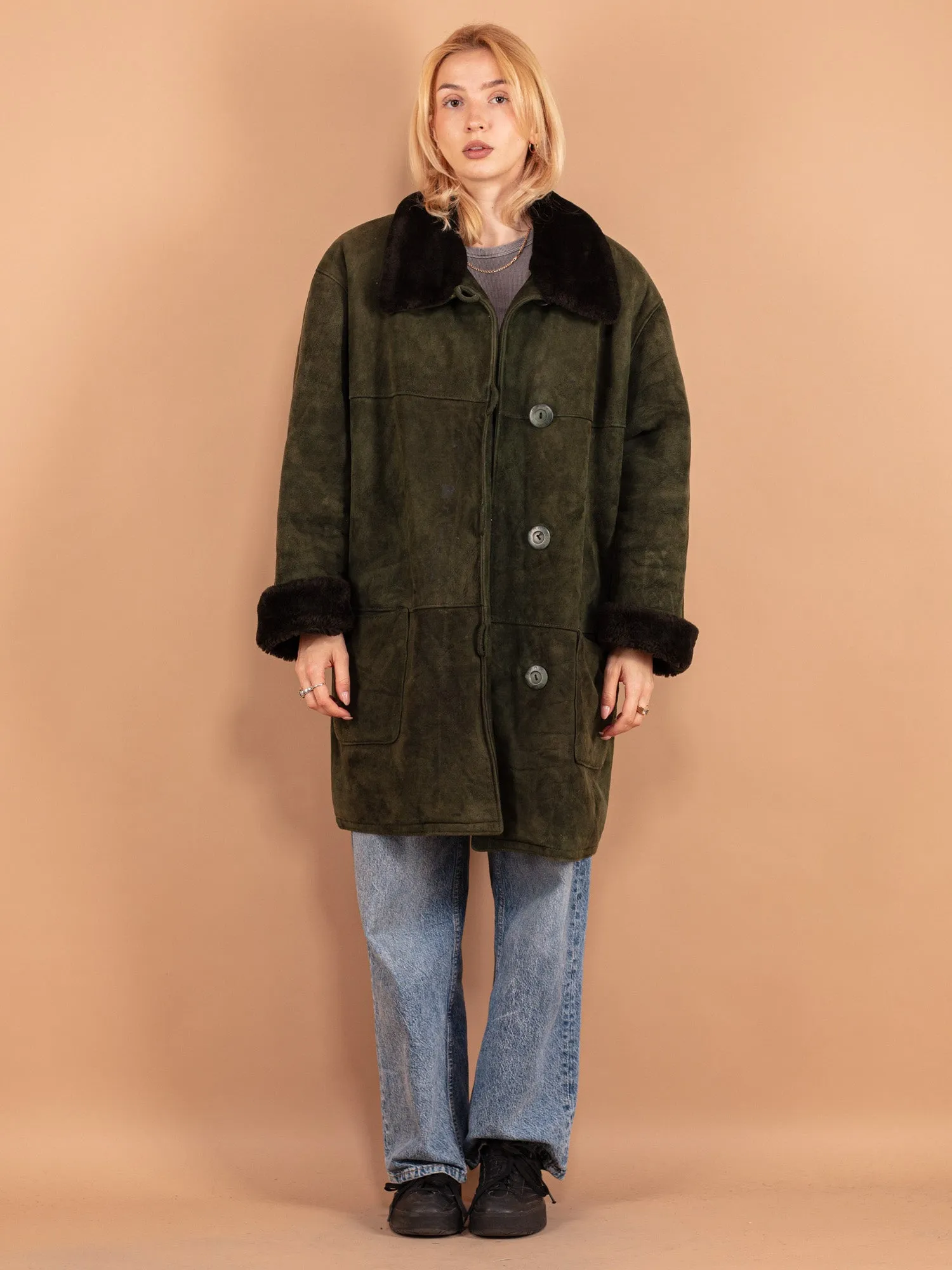 Vintage 80's Women Sheepskin Coat in Green