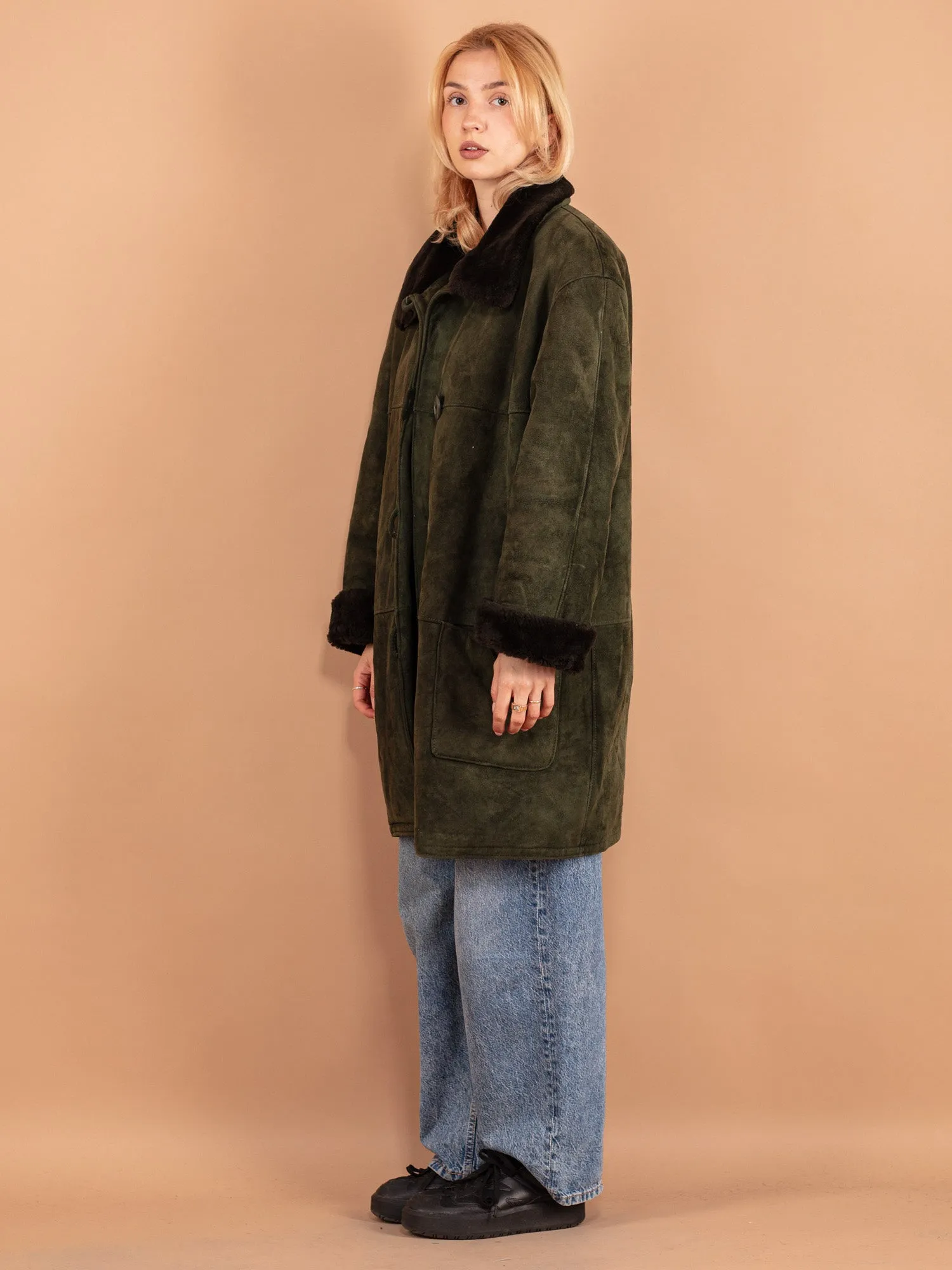 Vintage 80's Women Sheepskin Coat in Green