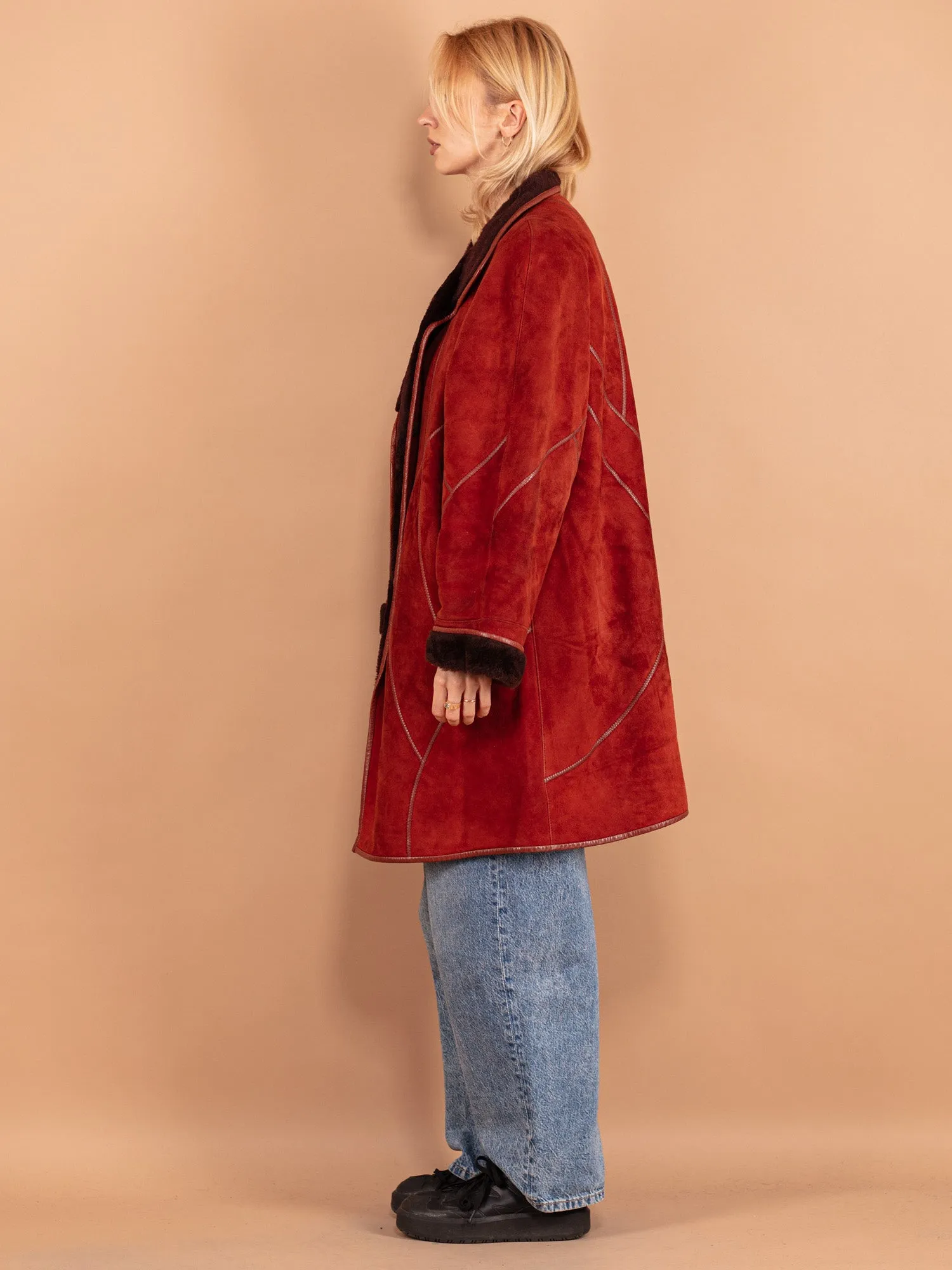 Vintage 80's Women Sheepskin Coat in Red