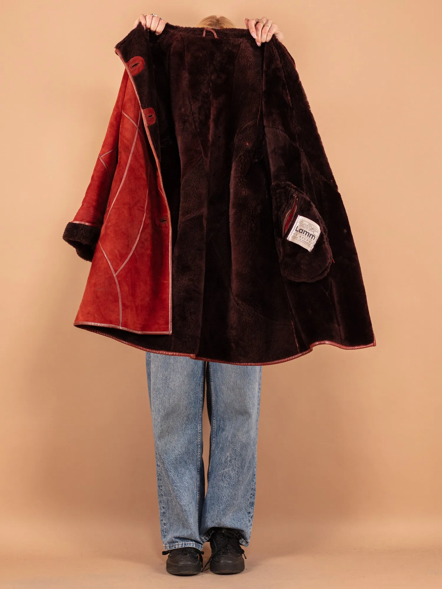 Vintage 80's Women Sheepskin Coat in Red