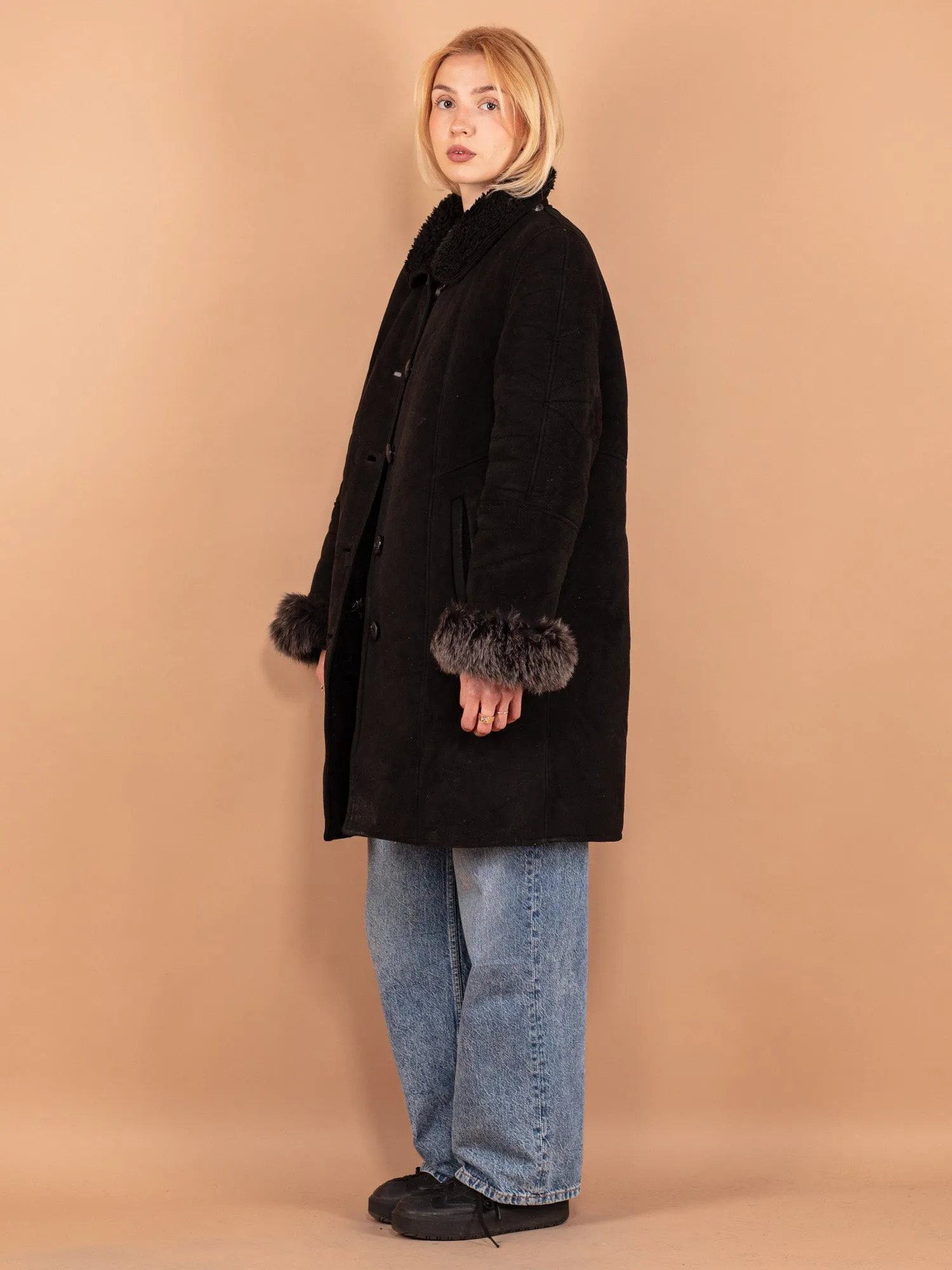 Vintage 80's Women Sherpa Coat in Black