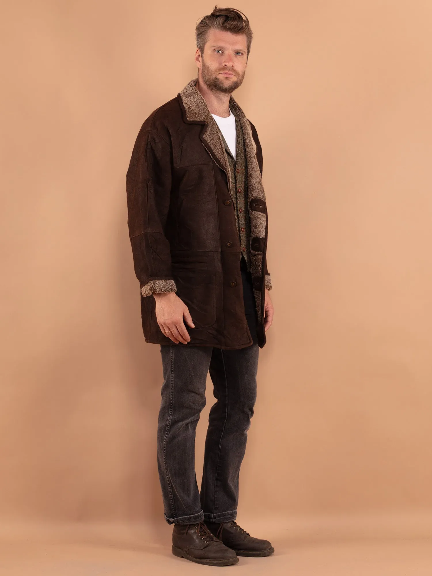 Vintage 90's Men Sheepskin Coat in Brown