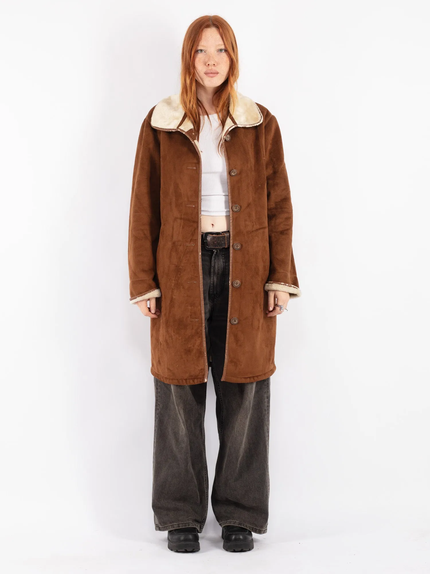 Vintage 90's Women Faux Sheepskin Coat in Brown