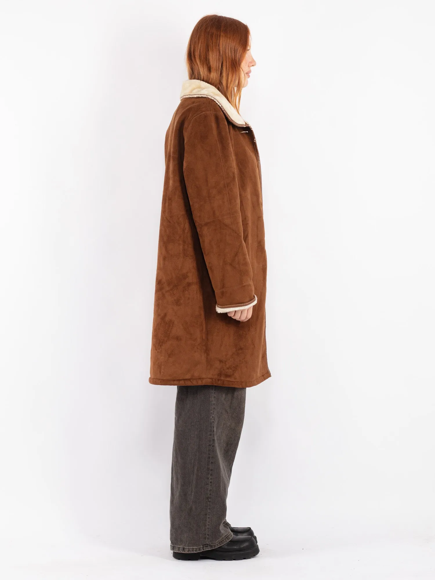 Vintage 90's Women Faux Sheepskin Coat in Brown