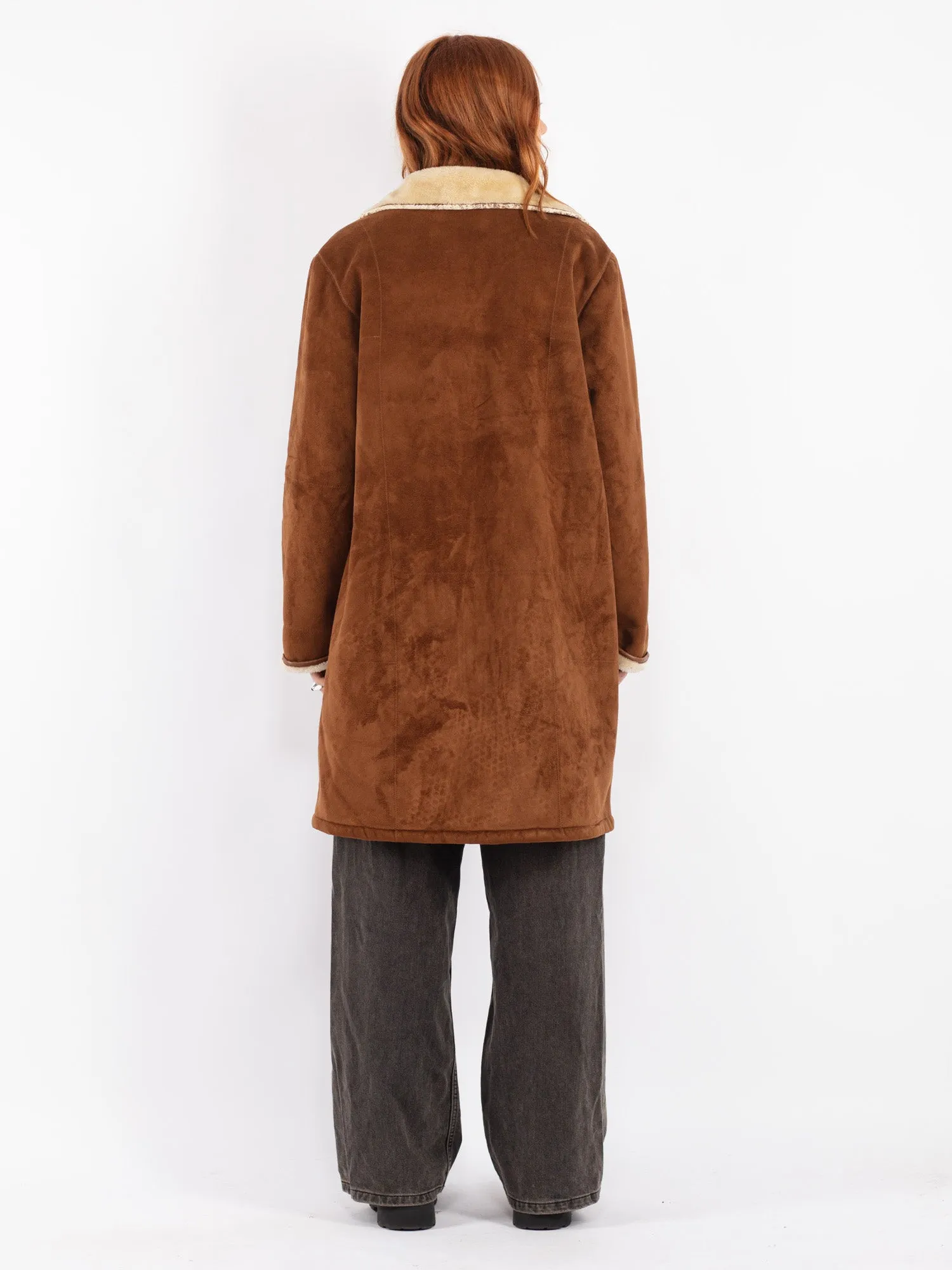 Vintage 90's Women Faux Sheepskin Coat in Brown