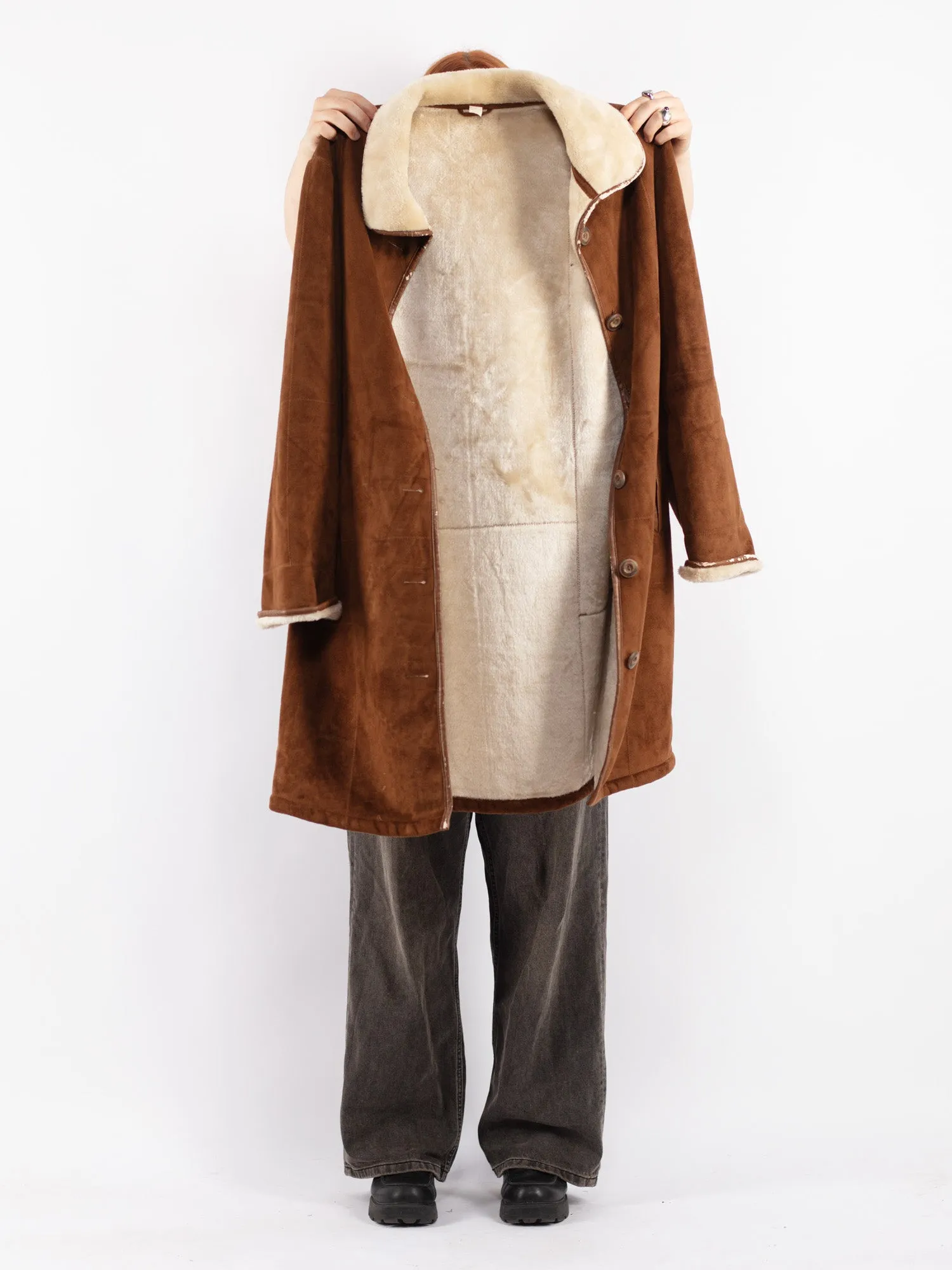 Vintage 90's Women Faux Sheepskin Coat in Brown