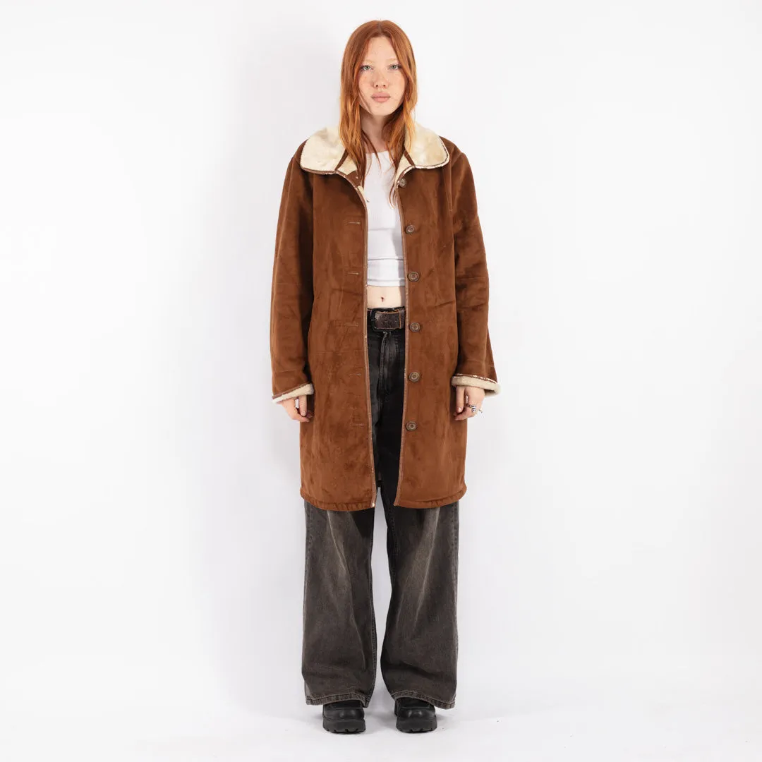 Vintage 90's Women Faux Sheepskin Coat in Brown