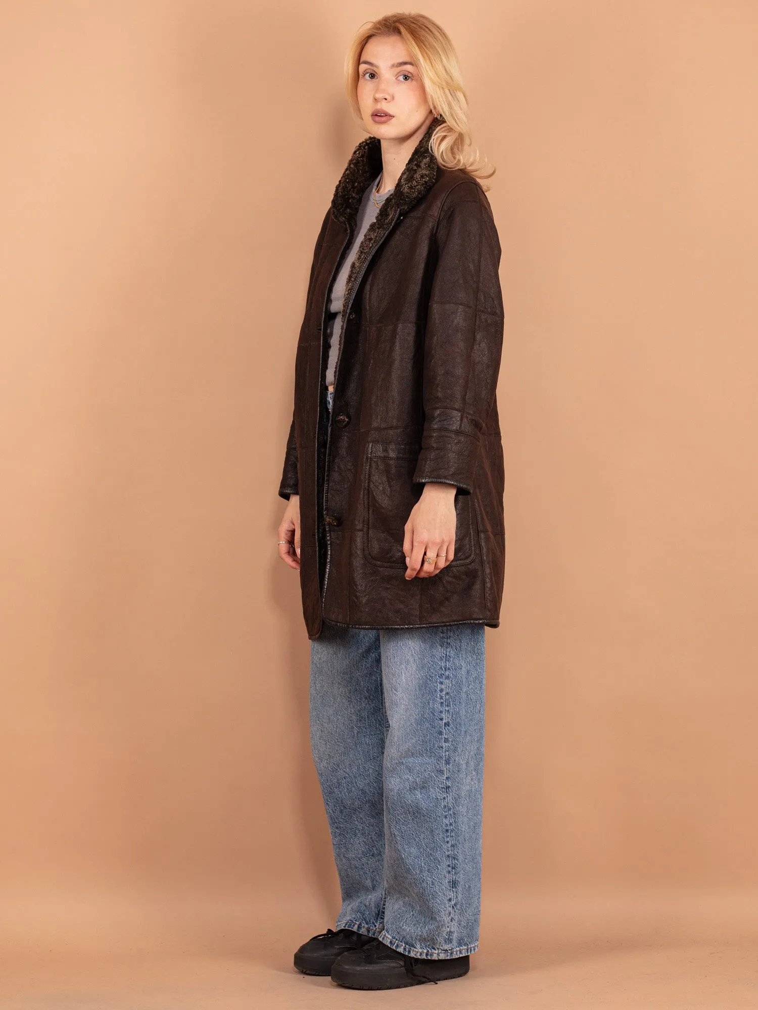 Vintage 90's Women Sheepskin Coat in Brown