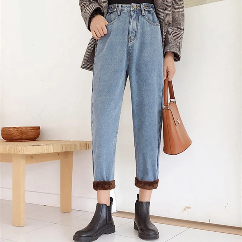 Women's Polyester Casual Winter High Waist Loose Harlan Denim Pants