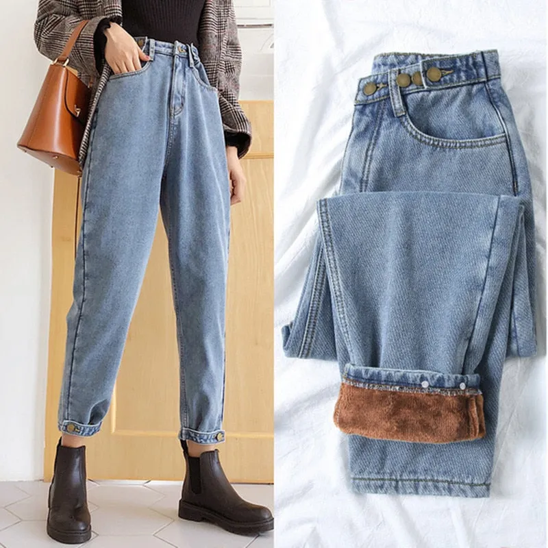 Women's Polyester Casual Winter High Waist Loose Harlan Denim Pants