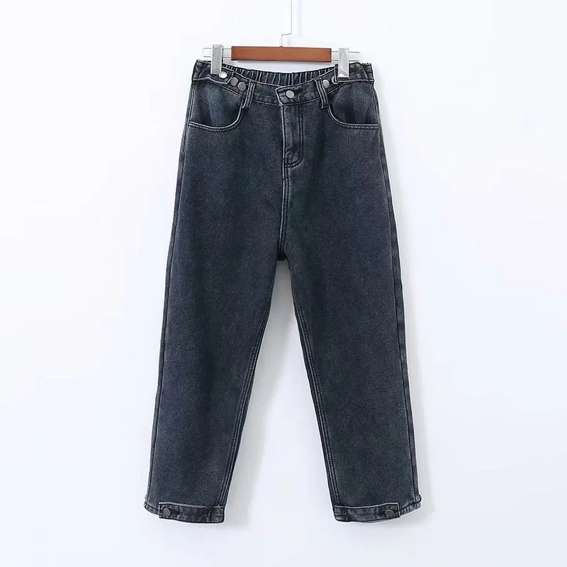 Women's Polyester Casual Winter High Waist Loose Harlan Denim Pants