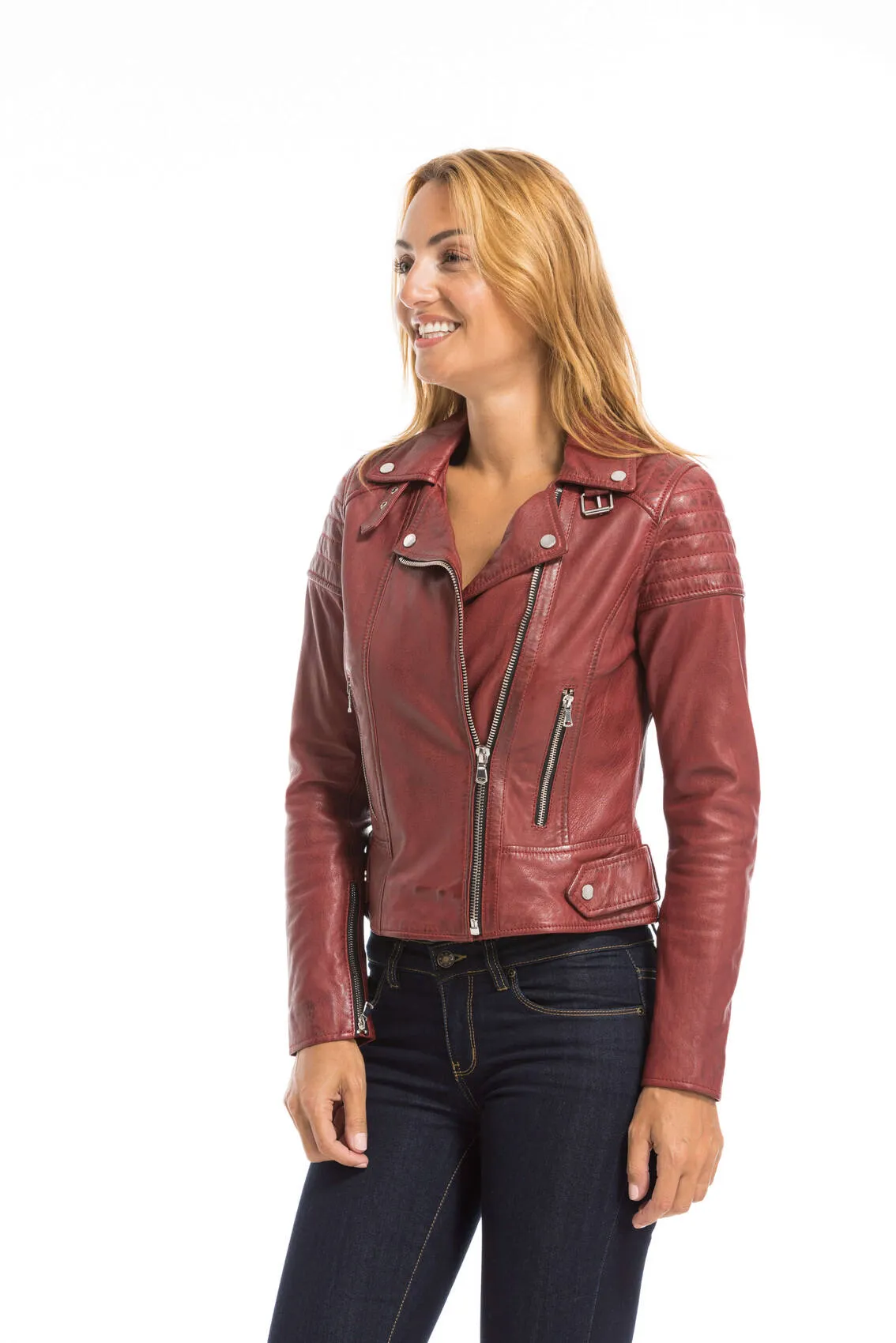 Women's red oakwood biker style leather jacket 64402