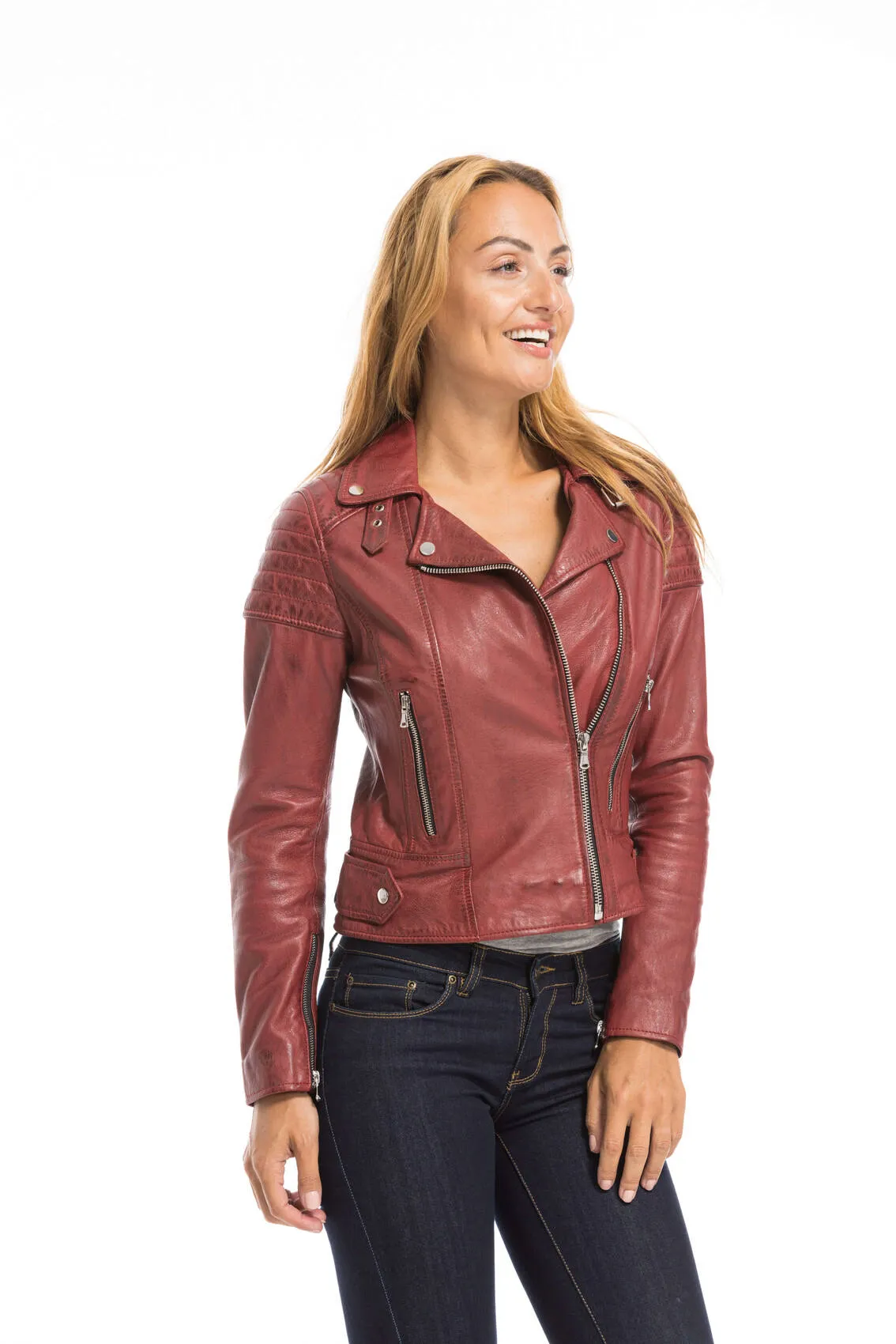 Women's red oakwood biker style leather jacket 64402