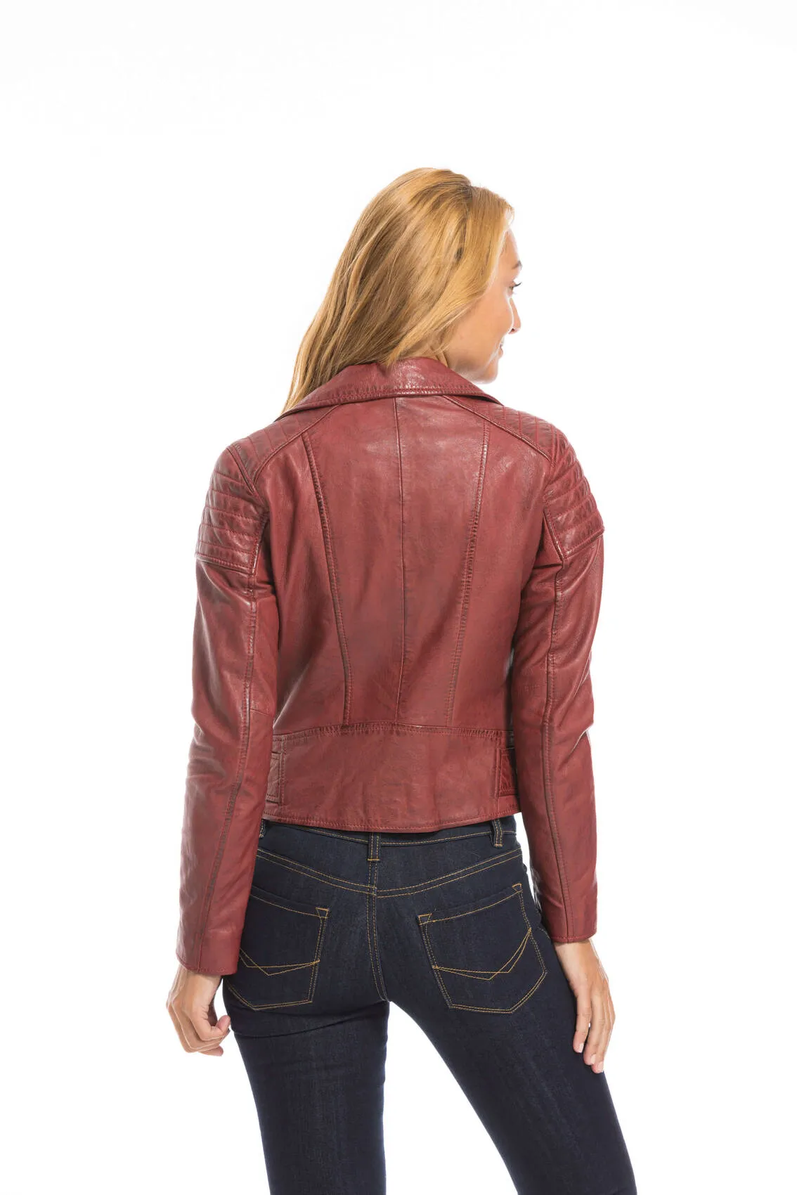 Women's red oakwood biker style leather jacket 64402