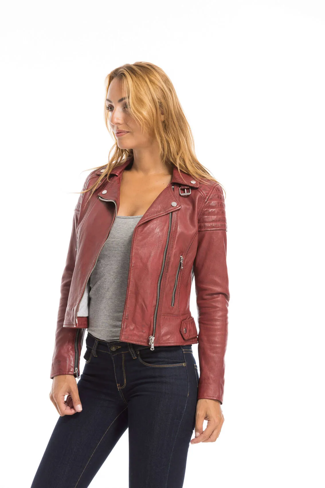 Women's red oakwood biker style leather jacket 64402