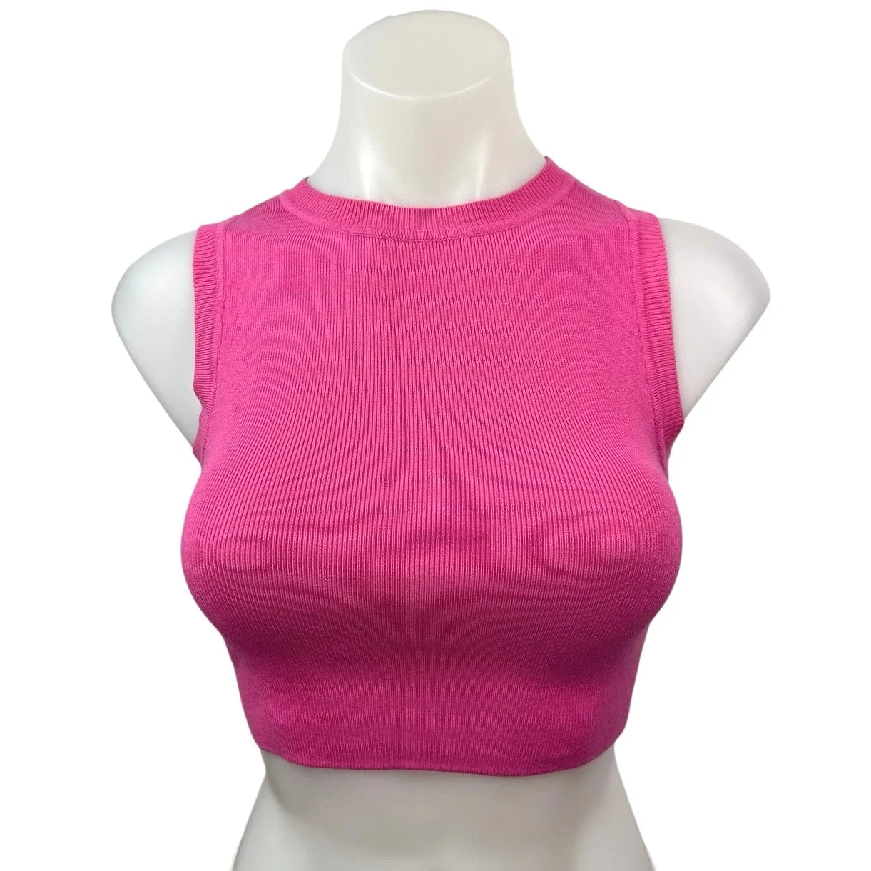 Zara Pink Ribbed Stretch Knit Sleeveless Crew Neck Crop Sweater Tank Top Size S